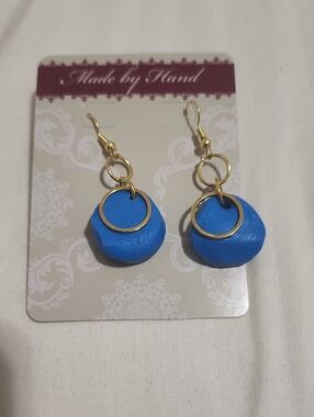 Handmade Azure Orbit Earrings with Gold Rings Polymer Clay